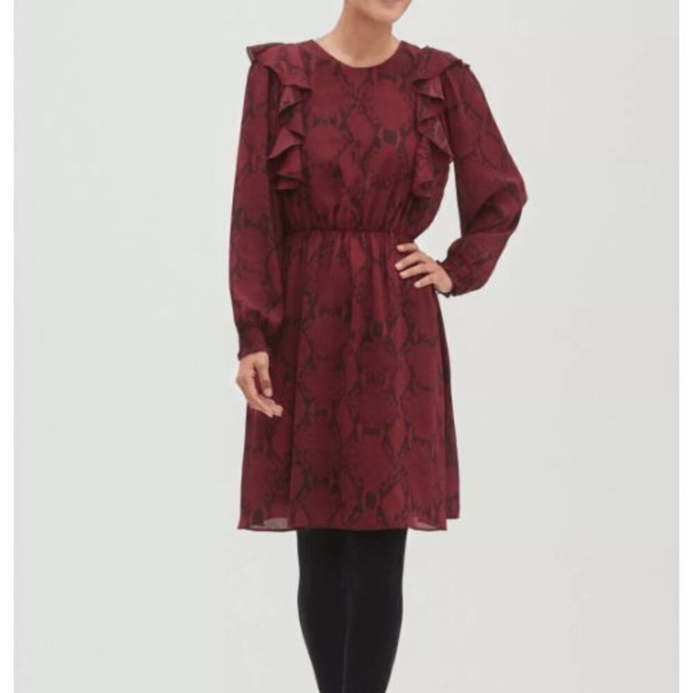Banana Republic Snake Skin Print Dress Red Black Ruffle Elastic Waist Size Small
